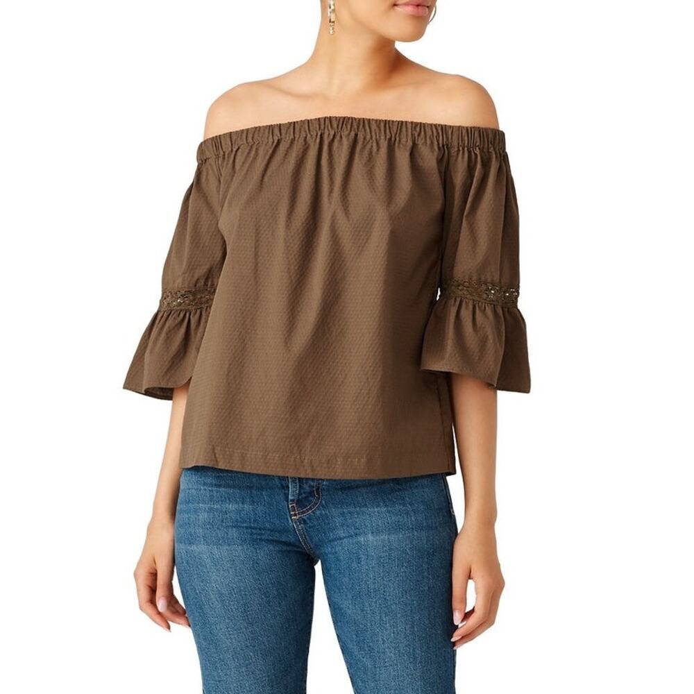 TRINA TURK Castro Top Size Medium Off the Shoulder Green Textured Sample NWT